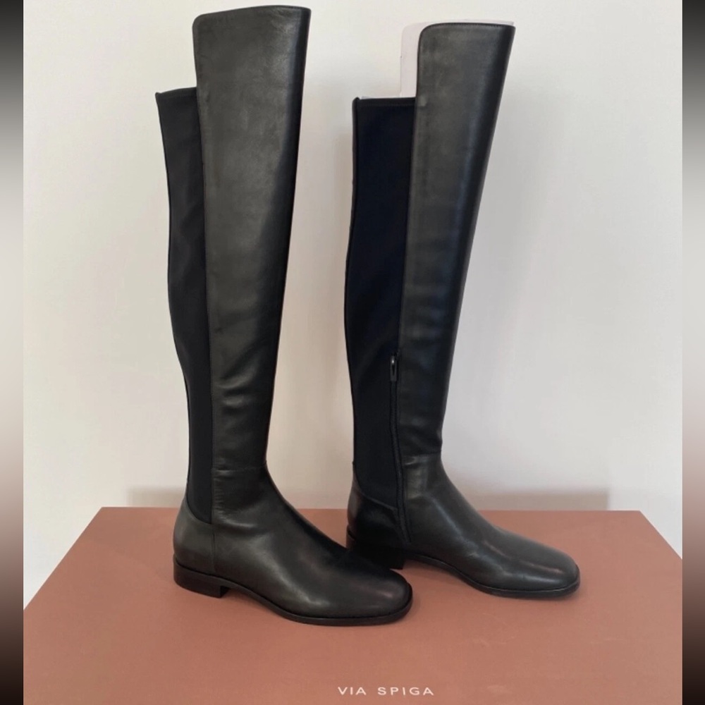 Via Spiga Women's Varun Leather/Stretch Boots Black - 6.5 ($449 msrp) NEW w/box